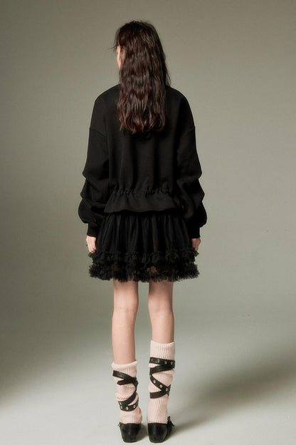 DIDDI MODA Ribbon Embroidered Cropped Sweatshirt With Stacked Sleeves