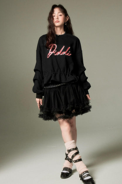 DIDDI MODA Ribbon Embroidered Cropped Sweatshirt With Stacked Sleeves
