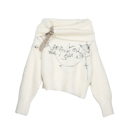 Update Cest Nous Chain Jacquard Detachable Belt Punk Collar Loose Sweater