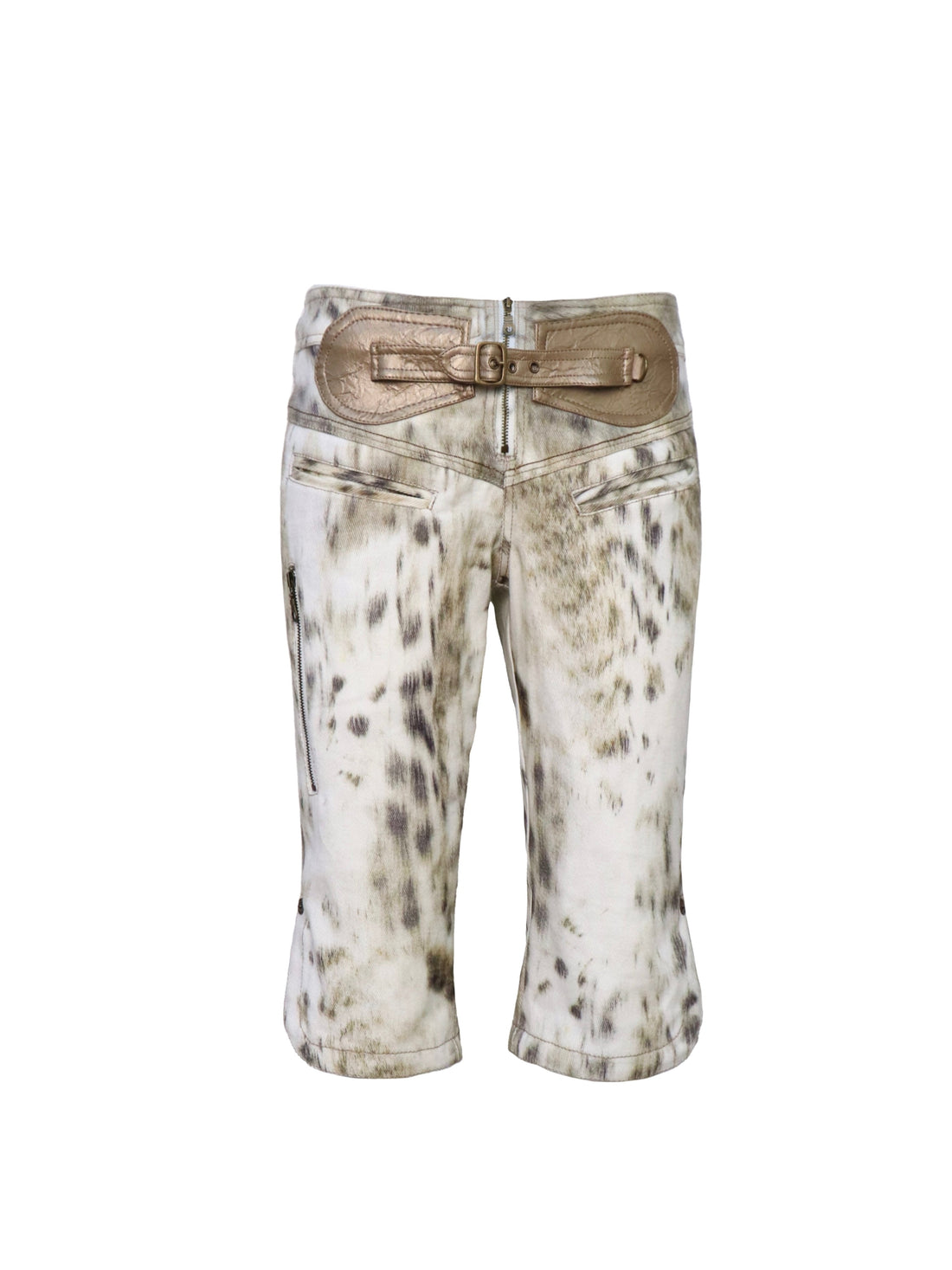Flowers birds Market Gradient Leopard Print Denim PU Belted Flare Shorts