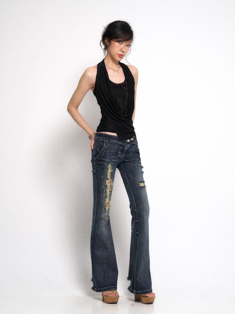 Flowers birds Market Ripped Rhinestone Distressed Slim-Fit Stretch Denim Flared Trousers