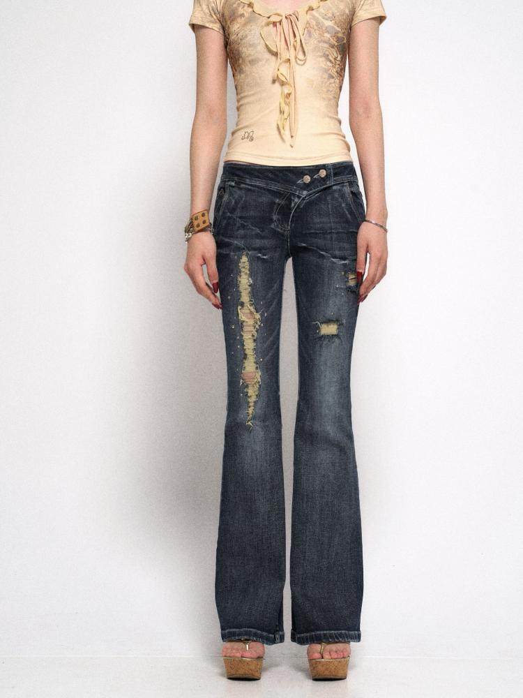 Flowers birds Market Ripped Rhinestone Distressed Slim-Fit Stretch Denim Flared Trousers