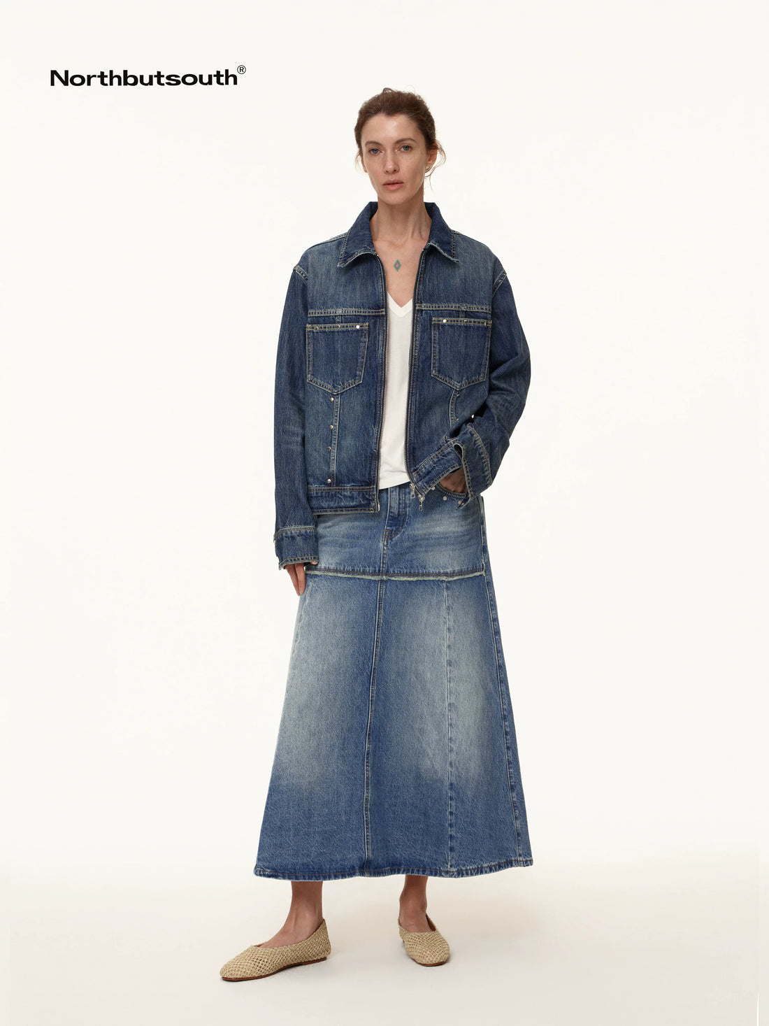 Rivet Detail Raw Hem Denim A Line Midi Skirt