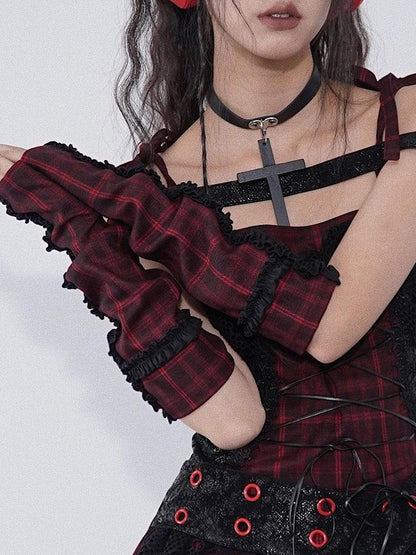 WSW WUSHENWU Rock Chic Red Black Plaid Sleeveless Top