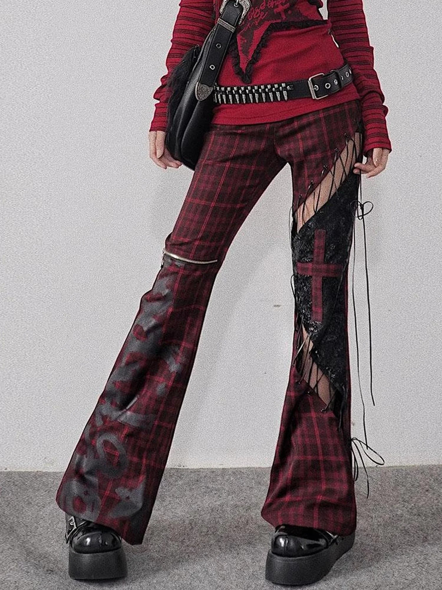 Rock Trend Red Black Plaid Leather Pants With Belt Cutout Slim Fit