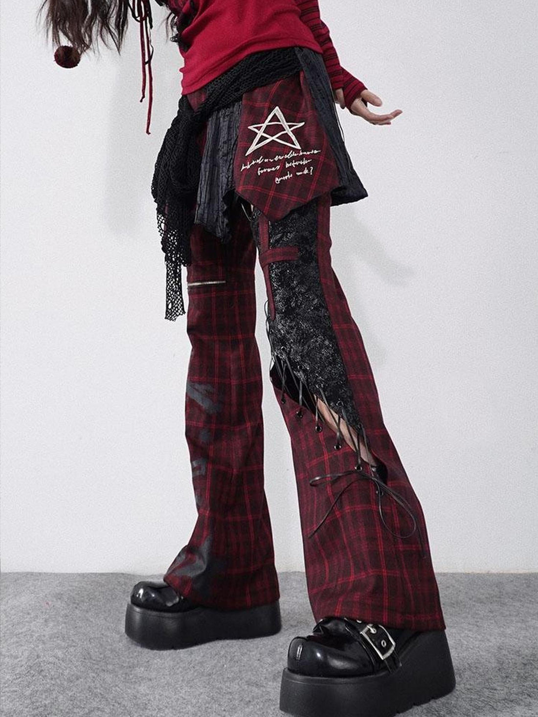 WSW WUSHENWU Rock Trend Red Black Plaid Leather Pants With Belt Cutout Slim Fit
