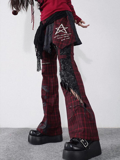 WSW WUSHENWU Rock Trend Red Black Plaid Leather Pants With Belt Cutout Slim Fit