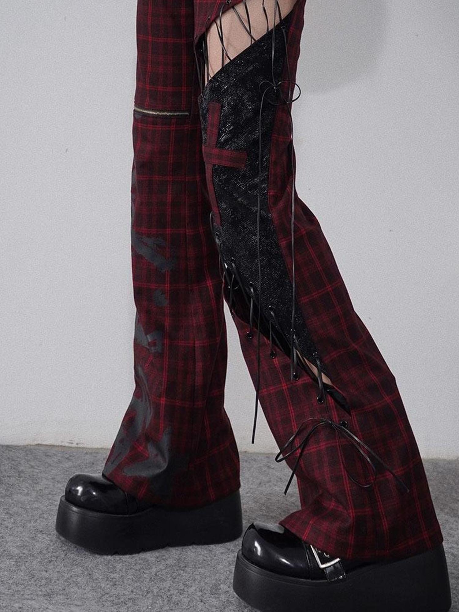 WSW WUSHENWU Rock Trend Red Black Plaid Leather Pants With Belt Cutout Slim Fit