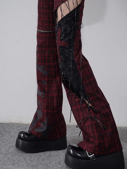 WSW WUSHENWU Rock Trend Red Black Plaid Leather Pants With Belt Cutout Slim Fit