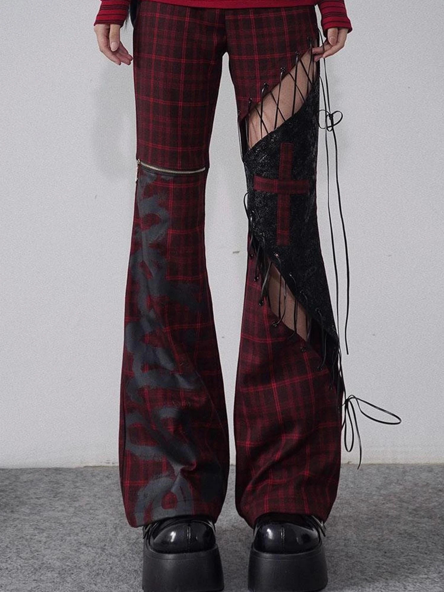 Rock Trend Red Black Plaid Leather Pants With Belt Cutout Slim Fit