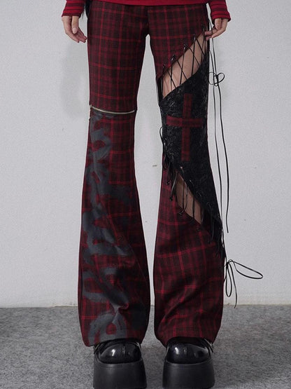 Rock Trend Red Black Plaid Leather Pants With Belt Cutout Slim Fit