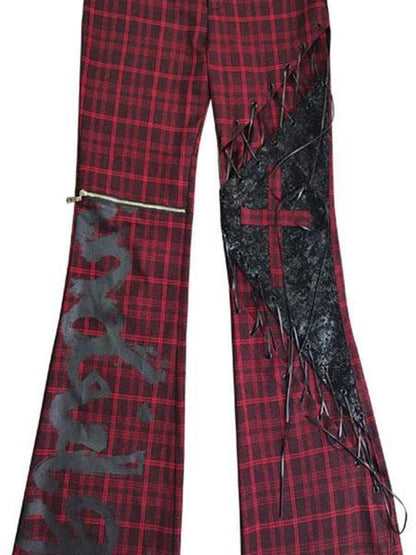 WSW WUSHENWU Rock Trend Red Black Plaid Leather Pants With Belt Cutout Slim Fit