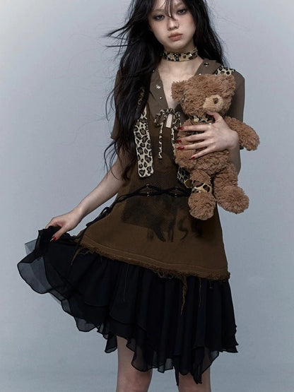 Rocky Playful Patch Leopard Bear Tie Asymetric Strappy Dress