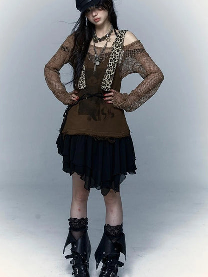 Rocky Playful Patch Leopard Bear Tie Asymetric Strappy Dress