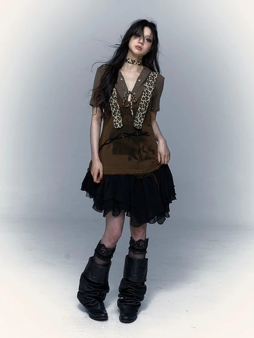 Rocky Playful Patch Leopard Bear Tie Asymetric Strappy Dress