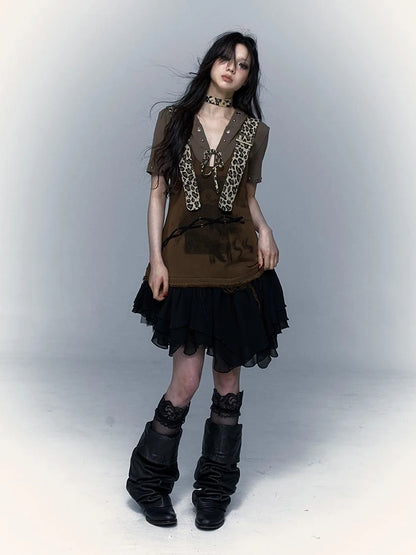 Rocky Playful Patch Leopard Bear Tie Asymetric Strappy Dress