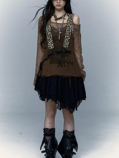 Rocky Playful Patch Leopard Bear Tie Asymetric Strappy Dress