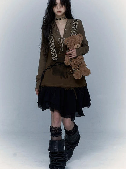 Rocky Playful Patch Leopard Bear Tie Asymetric Strappy Dress