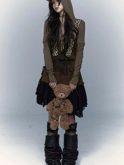 Rocky Playful Patch Leopard Bear Tie Asymetric Strappy Dress