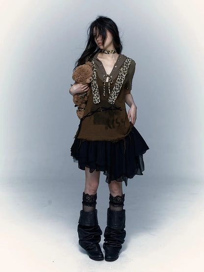 Rocky Playful Patch Leopard Bear Tie Asymetric Strappy Dress