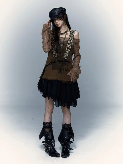 Rocky Playful Patch Leopard Bear Tie Asymetric Strappy Dress