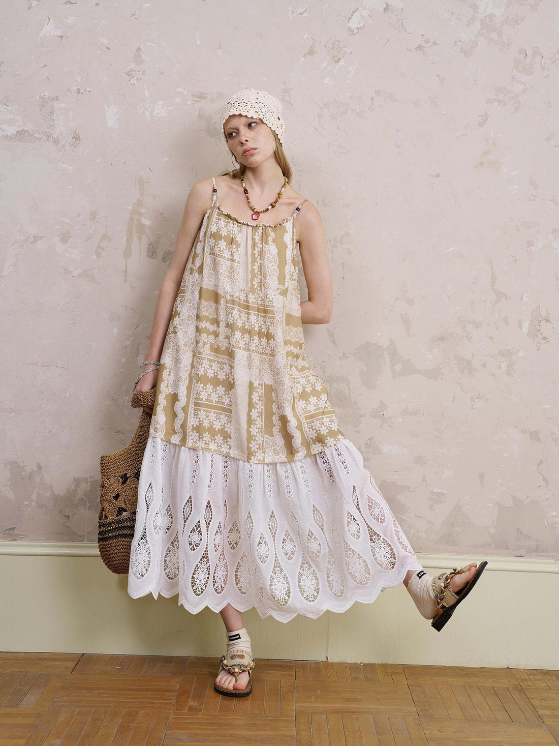 DIDDI MODA Romantic Lace Trim Floral Embroidery A Line Summer Dress