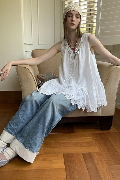 DIDDI MODA Romantic Minimalist Cotton Embroidered Beaded Sundress
