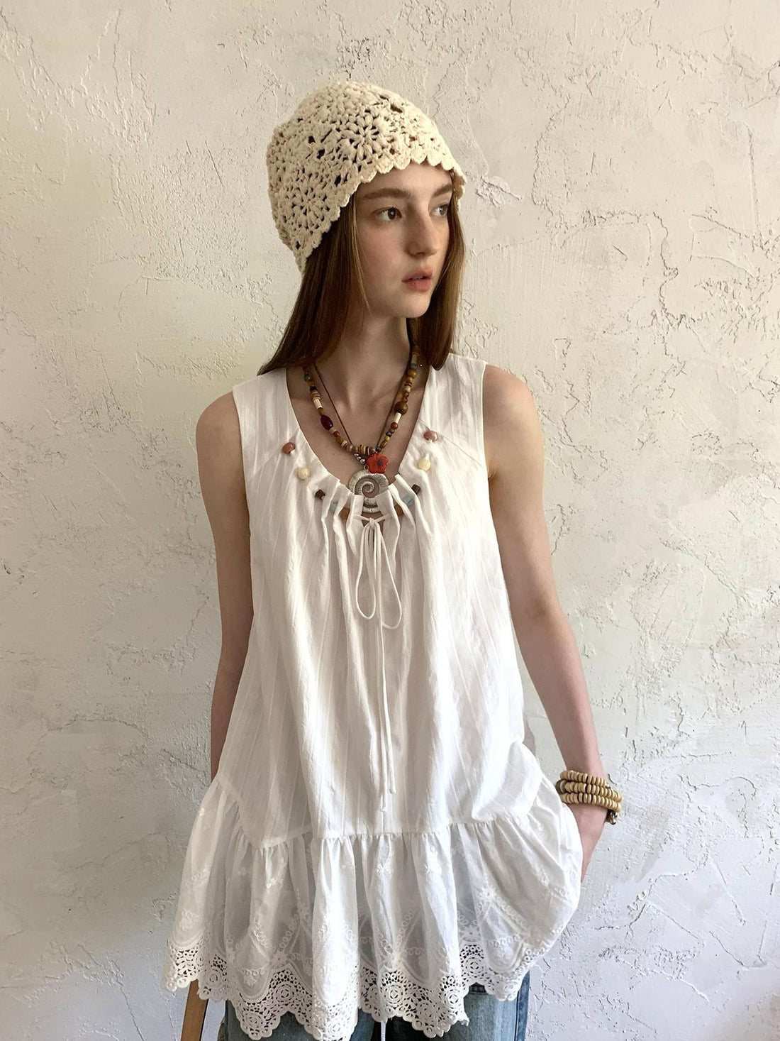 DIDDI MODA Romantic Minimalist Cotton Embroidered Beaded Sundress