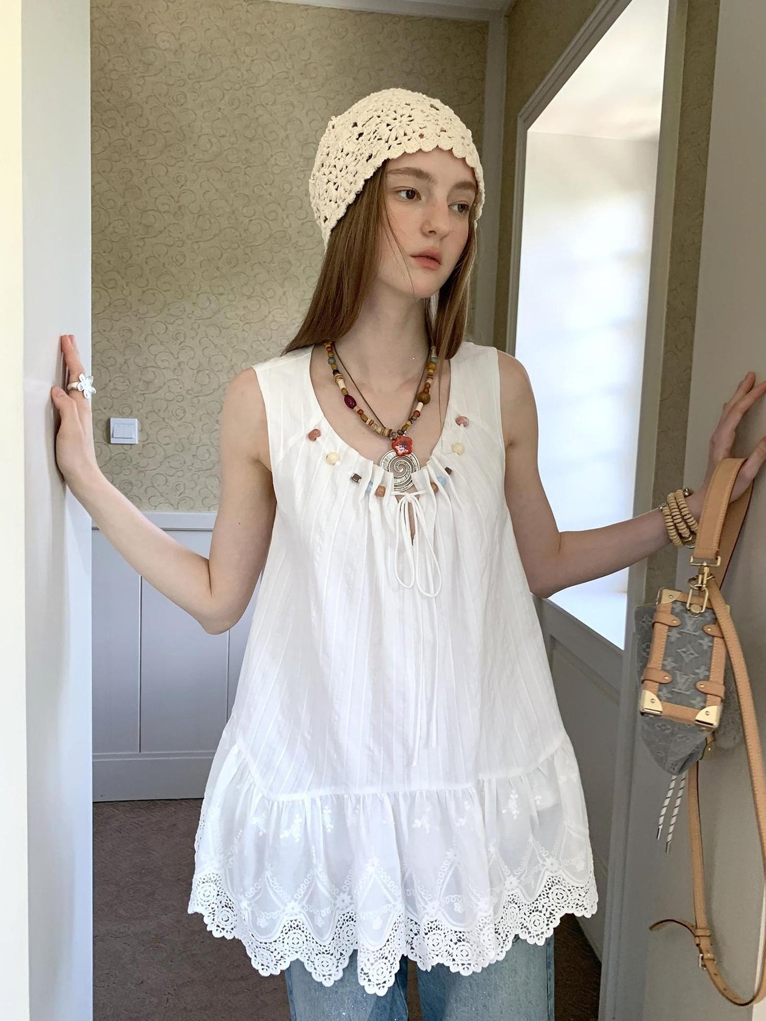 DIDDI MODA Romantic Minimalist Cotton Embroidered Beaded Sundress