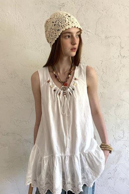 DIDDI MODA Romantic Minimalist Cotton Embroidered Beaded Sundress