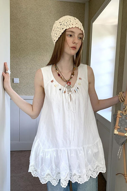 DIDDI MODA Romantic Minimalist Cotton Embroidered Beaded Sundress