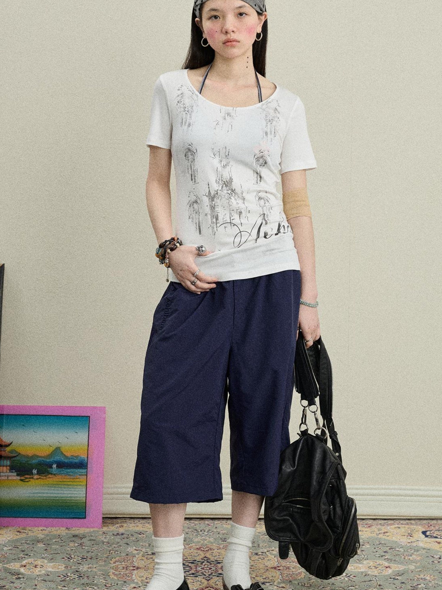 Achihara Romantic Print Modal Cotton Stretch Knit T-Shirt