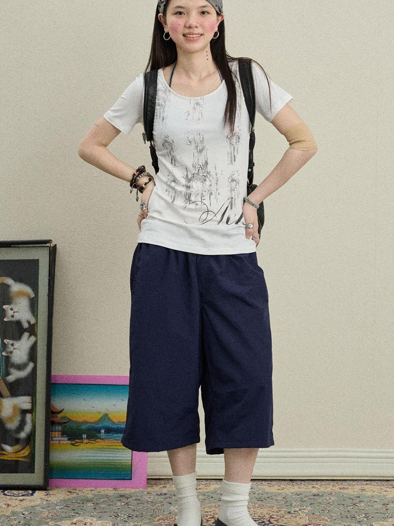 Achihara Romantic Print Modal Cotton Stretch Knit T-Shirt