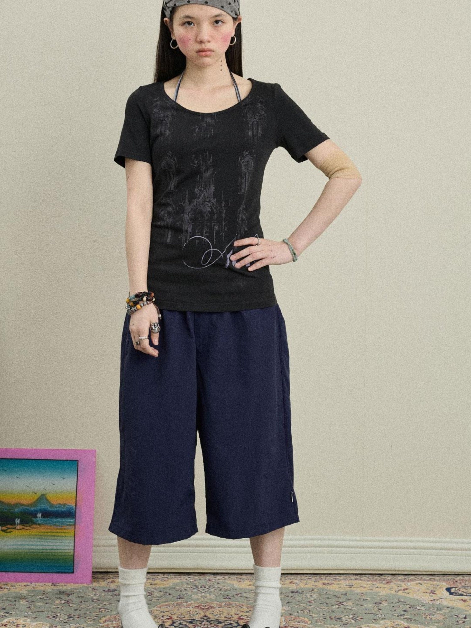 Achihara Romantic Print Modal Cotton Stretch Knit T-Shirt