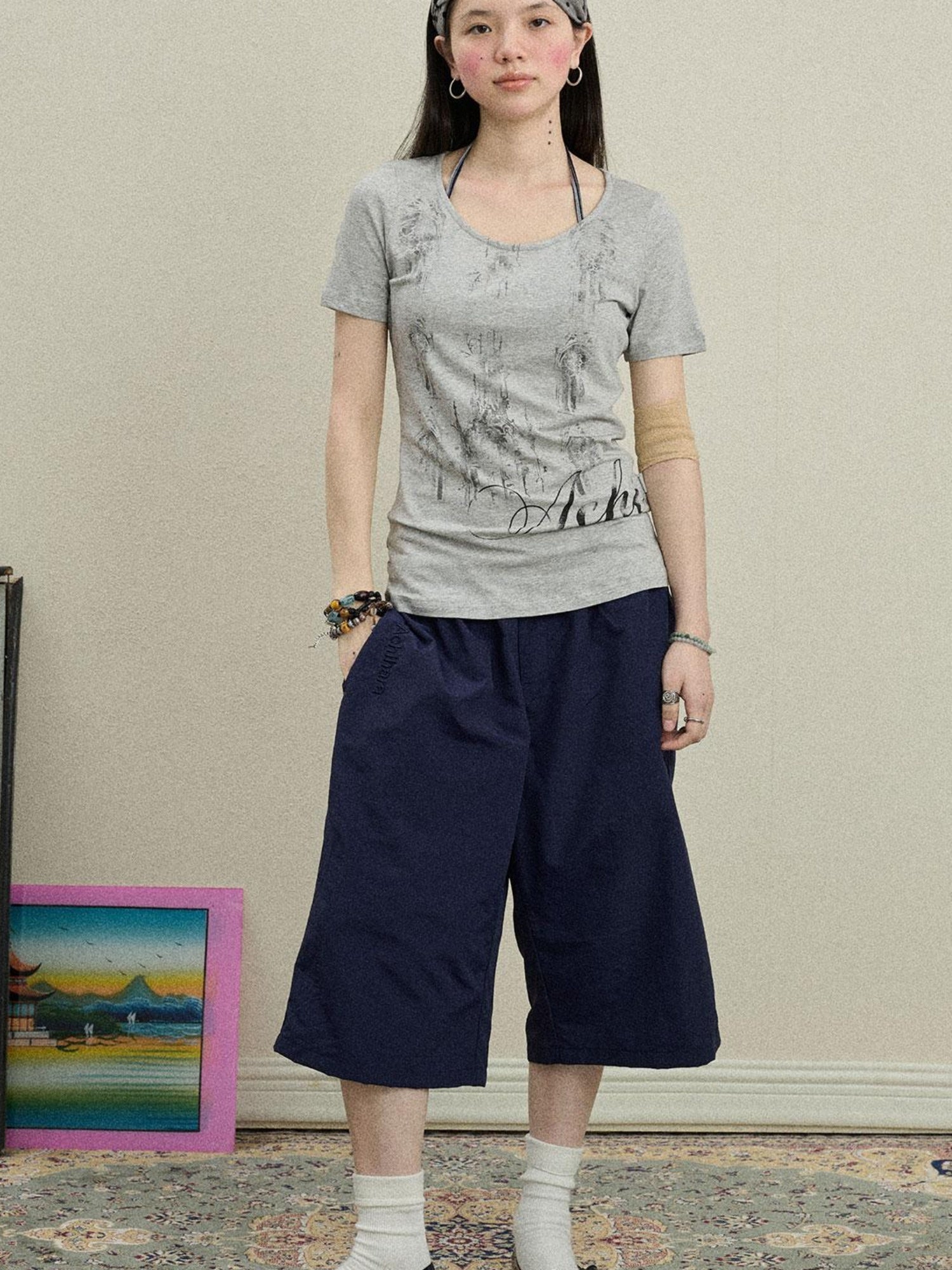 Achihara Romantic Print Modal Cotton Stretch Knit T-Shirt