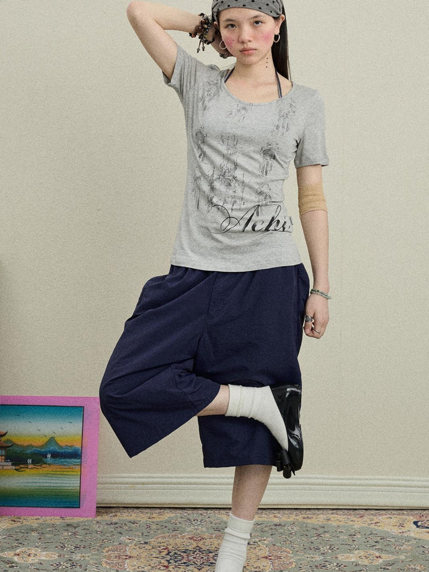 Achihara Romantic Print Modal Cotton Stretch Knit T-Shirt