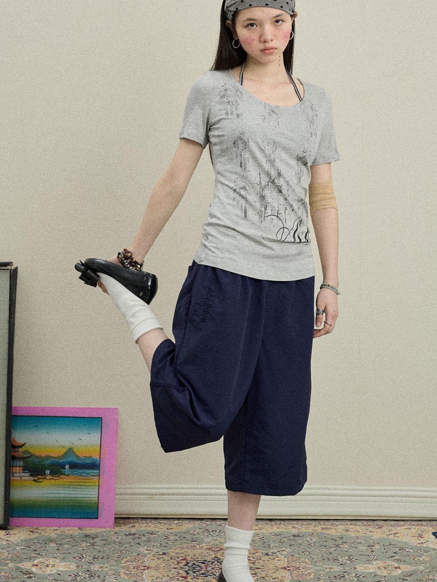 Achihara Romantic Print Modal Cotton Stretch Knit T-Shirt