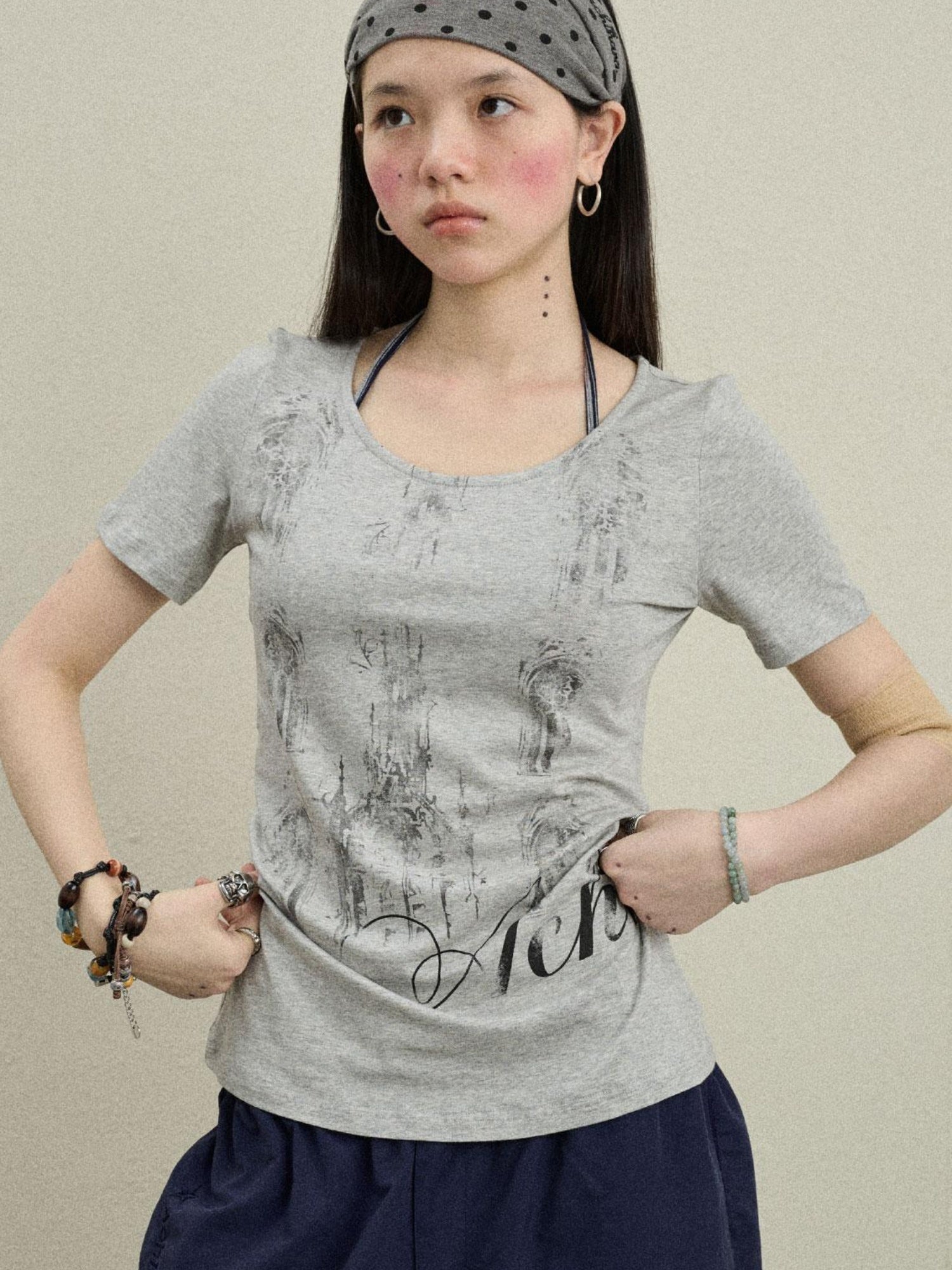 Achihara Romantic Print Modal Cotton Stretch Knit T-Shirt