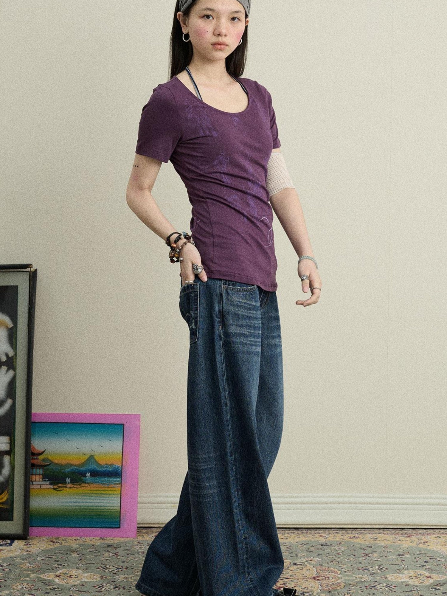 Achihara Romantic Print Modal Cotton Stretch Knit T-Shirt
