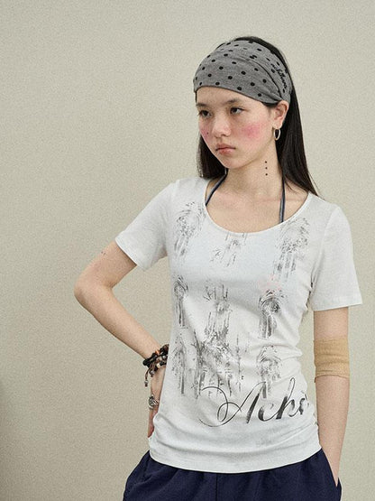 Achihara Romantic Print Modal Cotton Stretch Knit T-Shirt