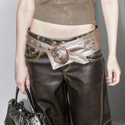2th Desire Y2K Silver Rose Studded Wide Belt