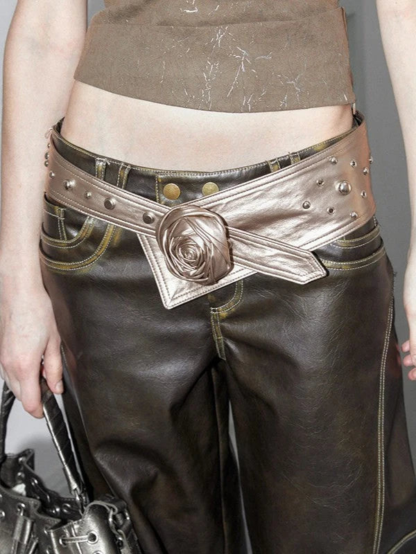 Y2K Silver Rose Studded Wide Belt
