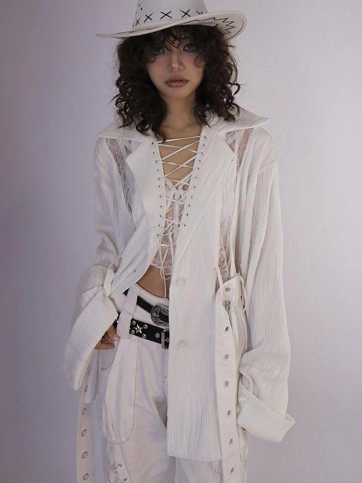 Rose Gun Hand Textured Lace Shirt Feminine Edgy