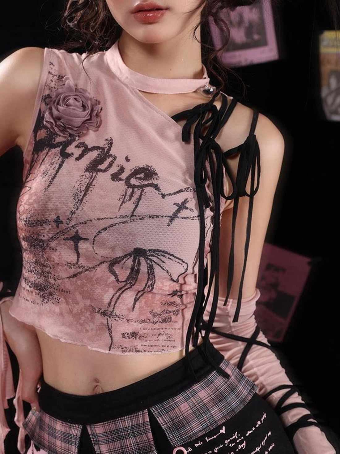 WSW WUSHENWU Rose Print Cutout Tie Up Camisole Original Design