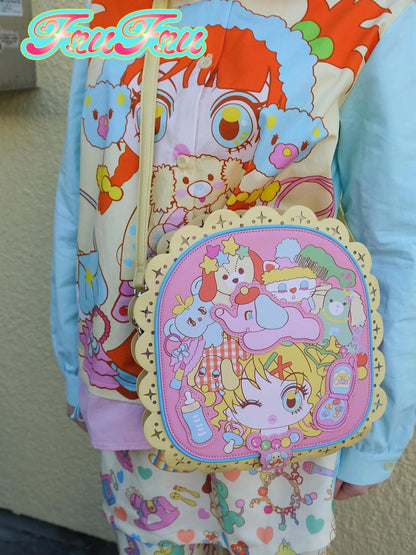 Rose Red Cartoon Print Diagonal Shoulder Cute Pu Bag