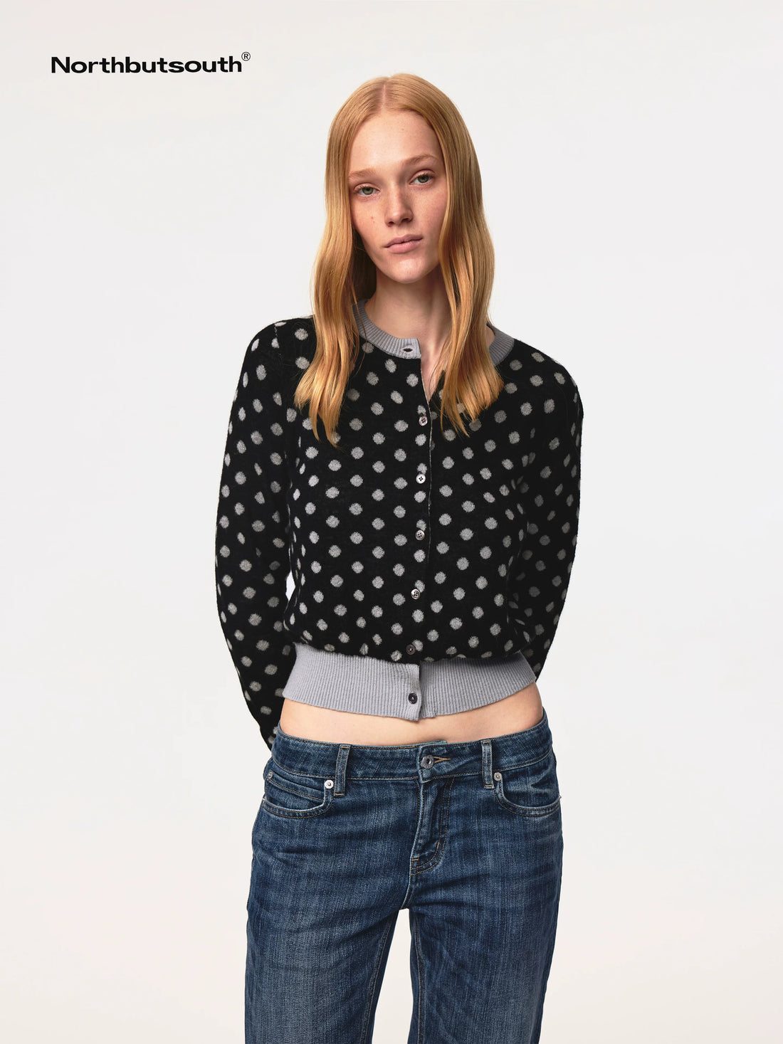 Round Neck Black Gray Polka Dot Waist Cropped Cardigan