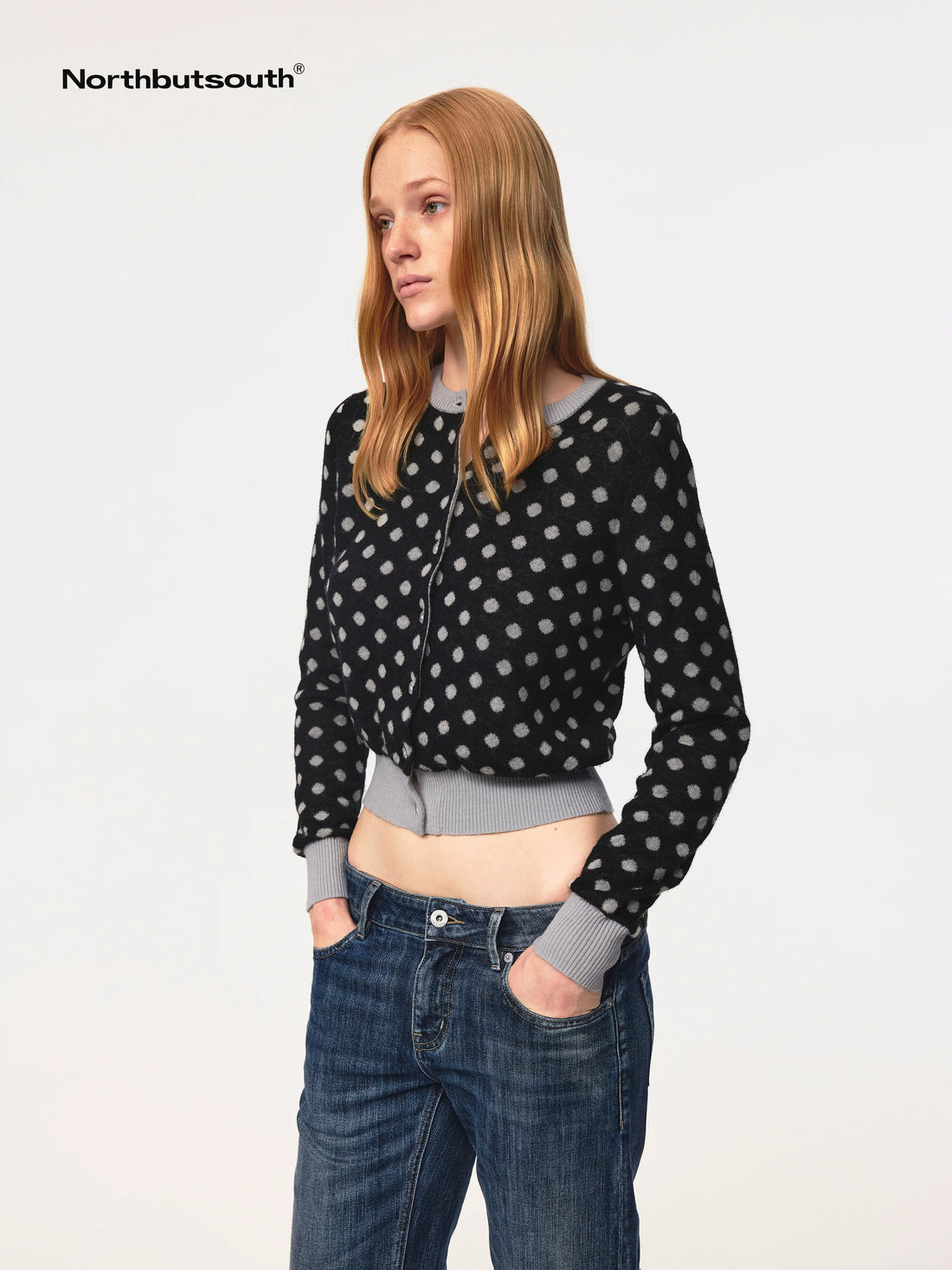 Round Neck Black Gray Polka Dot Waist Cropped Cardigan