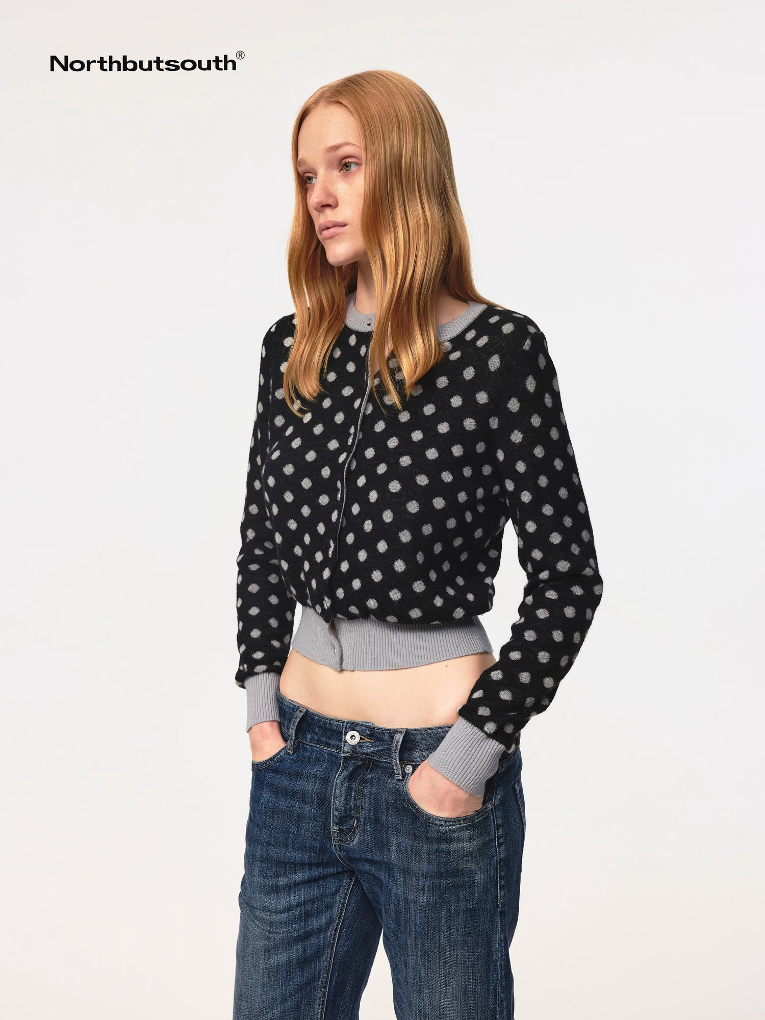 Round Neck Black Gray Polka Dot Waist Cropped Cardigan
