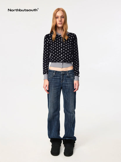 Round Neck Black Gray Polka Dot Waist Cropped Cardigan