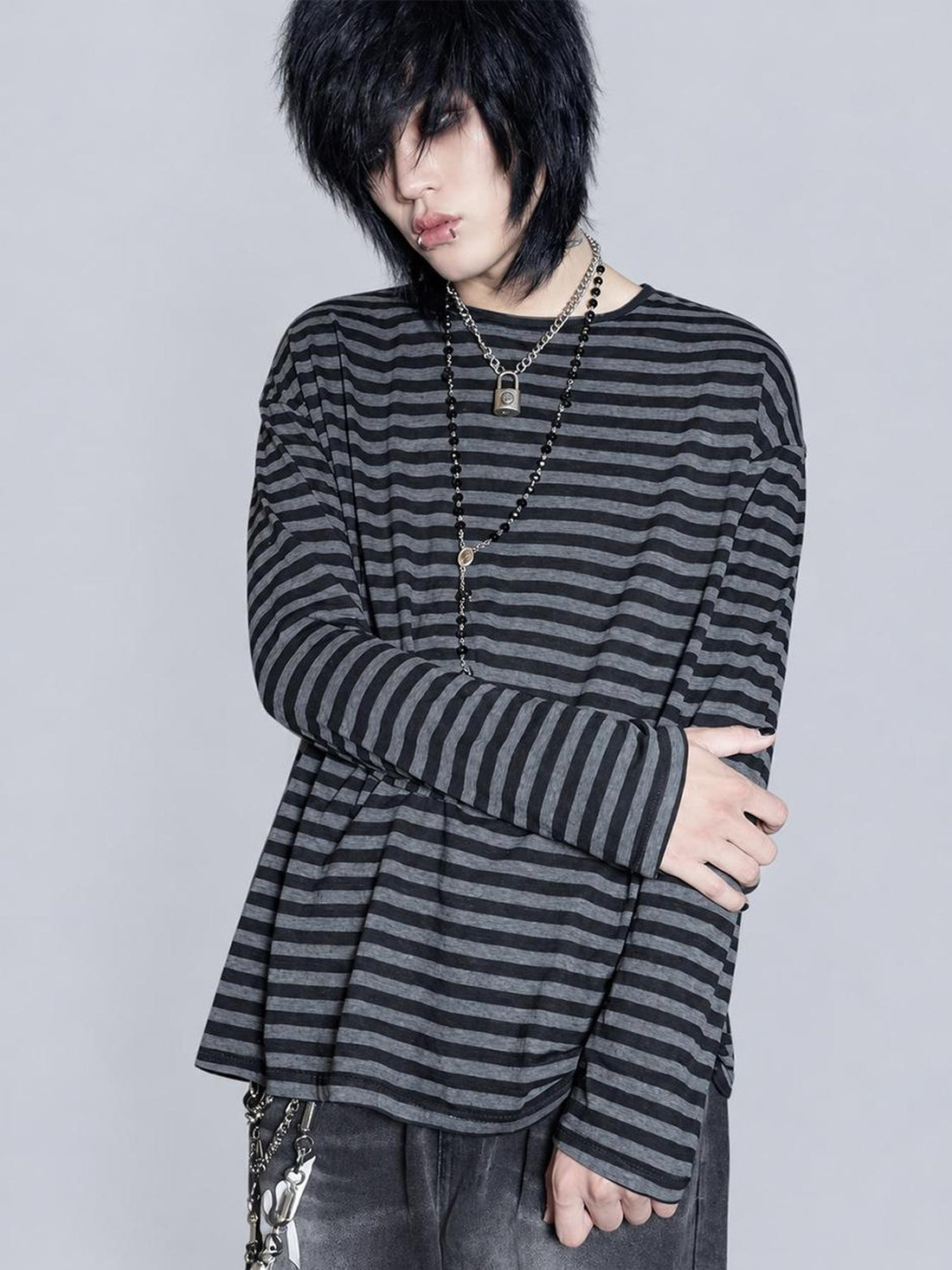 Rs by RebelSeed Black Gray Stripe Emo Punk Drop Shoulder Women&
